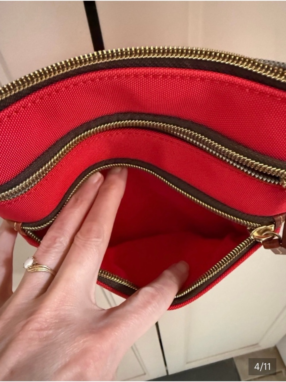 Dooney & Bourke Red Crossbody with Triple Zip Front and Tan Strap - Picture 4 of 6